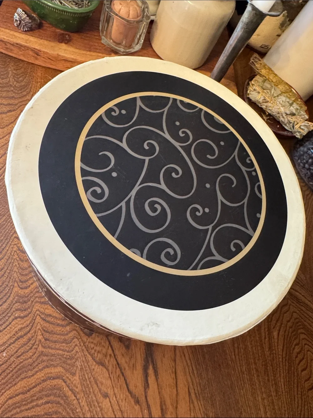 Revelations Elegance Decorative Black and Cream Swirl Vintage Storage Hat Box